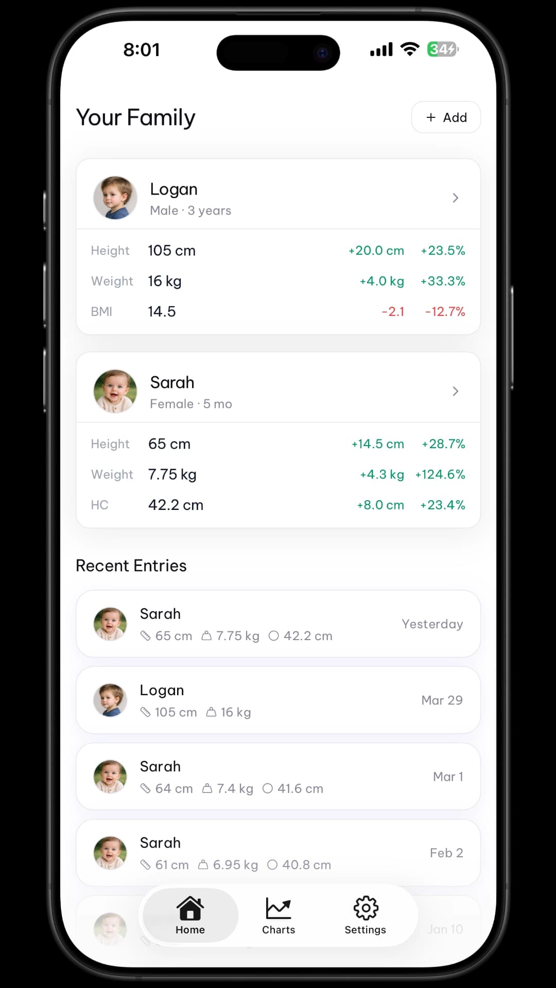 GrowthKit home screen showing family profiles and recent entries